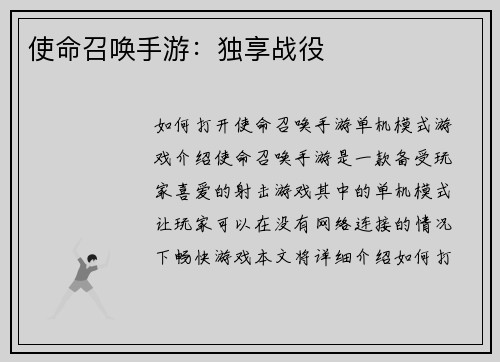 使命召唤手游：独享战役